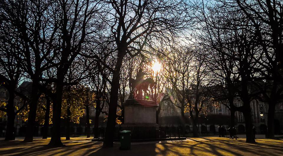 Place des Vosges a Parigi, statua equestre con sole filtrato tra i rami degli alberi