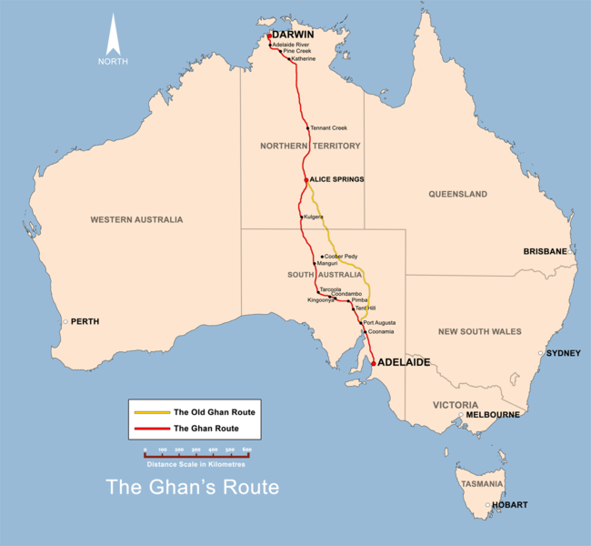 The Ghan treno: percorso su mappa australiana