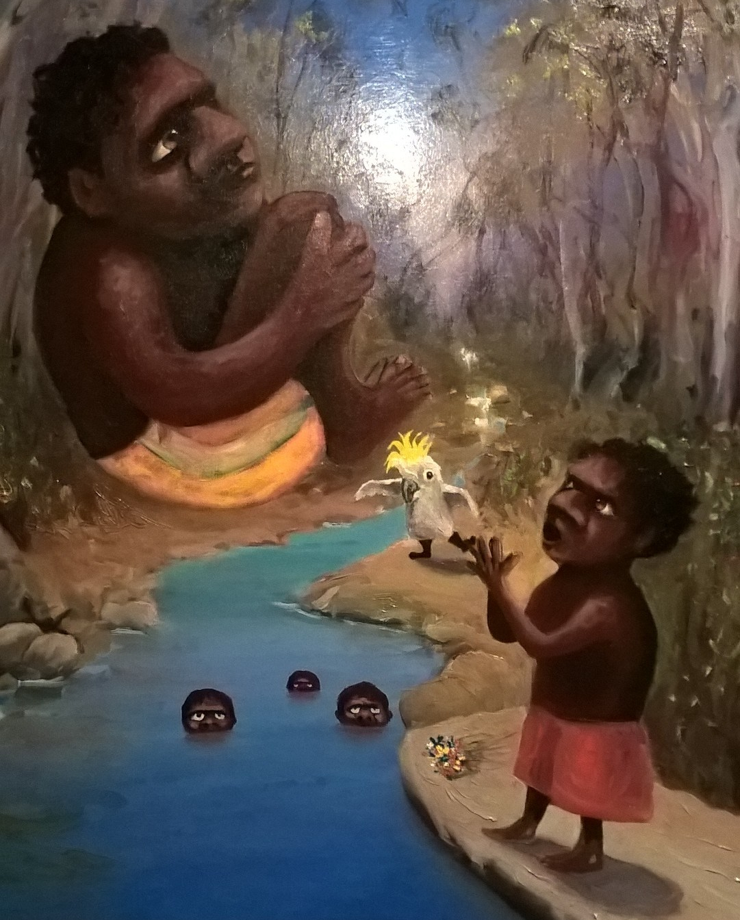 Dipinto aborigeno di Jacob Stengl: bambini e un cacatua che fa il pazzo