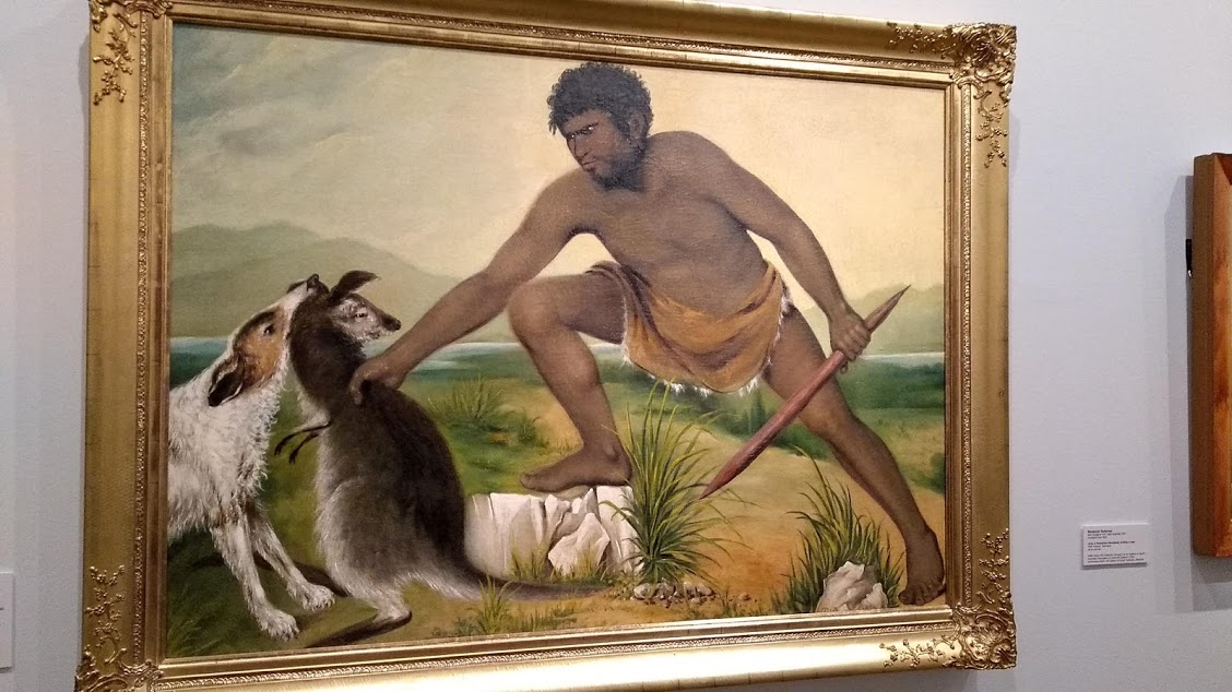 Dipinto di un aborigeno australiano e un canguro o wallaby