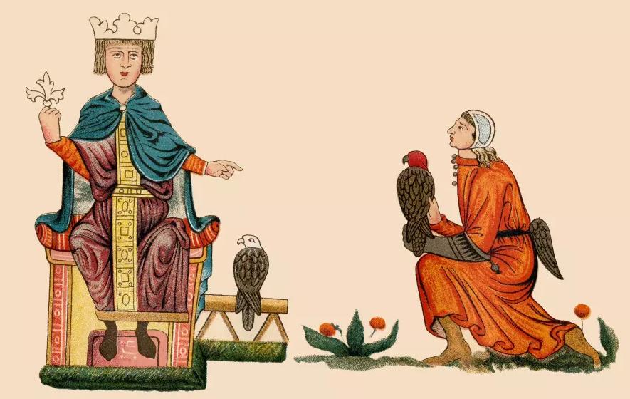 Federico II sul trono con falconi